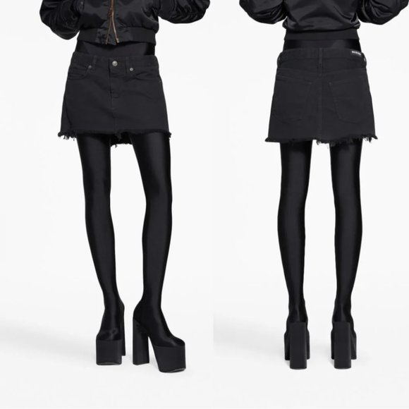 Balenciaga Denim Mini Skirt Black Small Frayed Hem Distressed Low-Rise 5 Pockets - Picture 1 of 2